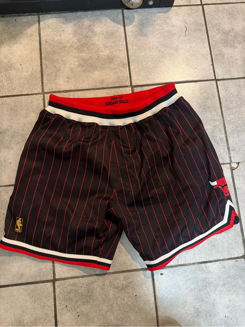 Mitchell & Ness Black with Red Pinstripe Chicago Bulls Athletic Shorts